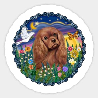 Sunrise Garden with a Ruby Cavalier King Charles Spaniel Sticker